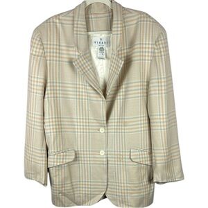 Vintage Virani Cream Plaid 100% Wool Blazer with Windowpane Pattern Size 12